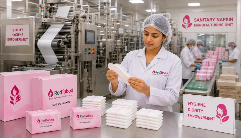 Women operating a sanitary napkin manufacturing unit